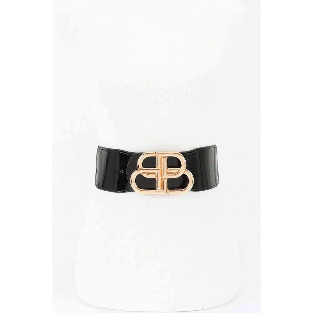 Plus Size Wide Elastic Belt Womens OS Black Gold Buckle Cinch Waist
